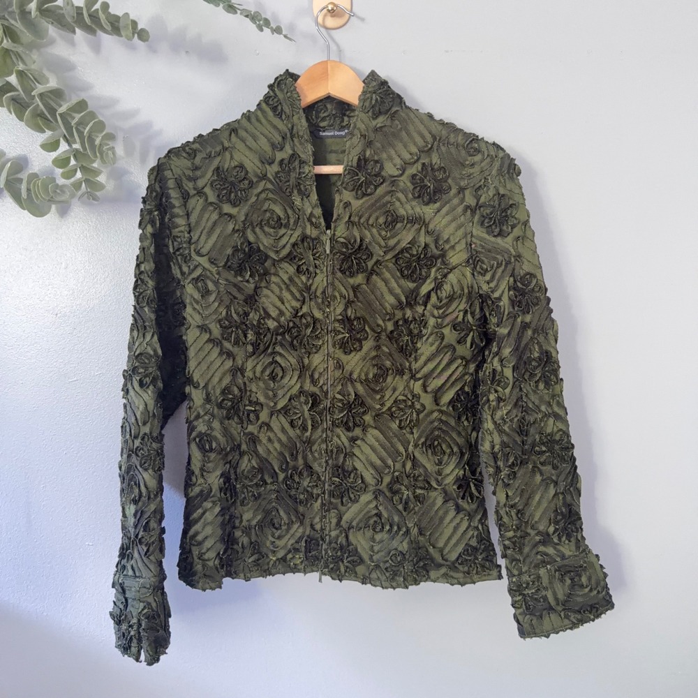 Samuel Dong Jacket Green Rosette Witchy Ribbon Texture Zip Up Sz S Whimsigoth